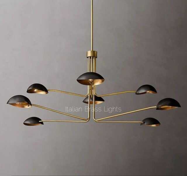1950's Mid Century Brass Black Sputnik Italian Ceiling Handmade Vintage Chandelier 2 Tier Curved Arms Starburst Light Fixture - image 1