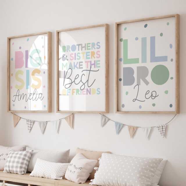 Brother Sister Wall Art, Big Sis Lil Bro Prints, Personalised Rainbow Sibling Shared Bedroom, Girls Bedroom Door - image 1
