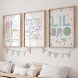 Brother Sister Wall Art, Big Sis Lil Bro Prints, Personalised Rainbow Sibling Shared Bedroom, Girls Bedroom Door - thumbnail 1