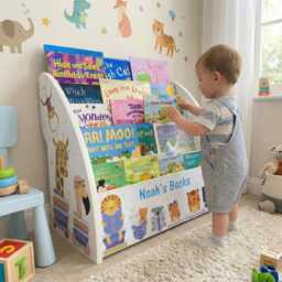 Childrens Bookcase, Free Personalisation - Nursery Bookshelf With Name, Space & Safari Themes, Fully Assembled, First Birthday Gift - thumbnail 2