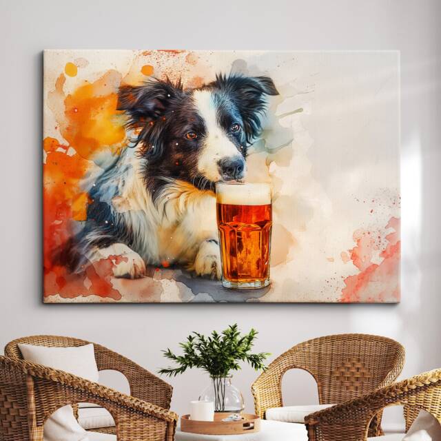 Border Collie With Beer Glass Painting Framed Poster Print & Canvas Wall Decor Art Bar Kitchen Room Dog Gift Idea Pet - image 1