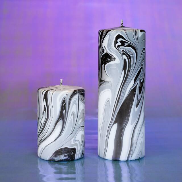 Marbled Ornament Decoration Pillar Candle Ornament- Effy - Monochrome, White, Black, Grey & Silver - image 1