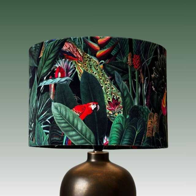 Tropical Jungle Palms & Birds Velvet Lampshade, Parrots, Toucan - image 1