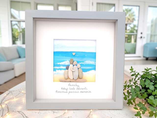 Family Gift Beach Holiday Keepsake Framed Watercolour, Acrylic Pebble Picture Summer Personalised Memories Original Art - image 1