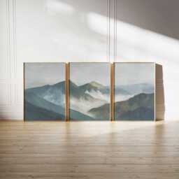 Misty Mountain Landscape Print Set Blue Green Minimalist Wall Art - thumbnail 2
