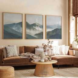 Misty Mountain Landscape Print Set Blue Green Minimalist Wall Art - thumbnail 3