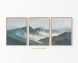 Misty Mountain Landscape Print Set Blue Green Minimalist Wall Art - thumbnail 1