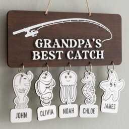 Modern Papa's Best Catch Sign, Custom Kids Name Fishing Gift, Minimalist Wall Decor For Dady83 - thumbnail 1