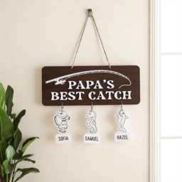 Modern Papa's Best Catch Sign, Custom Kids Name Fishing Gift, Minimalist Wall Decor For Dady83 - thumbnail 4