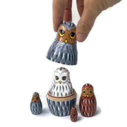 Handmade Owl Nesting Dolls Wooden Toy Family, Montessori Stacking Set - thumbnail 2