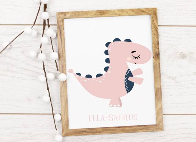 Pink Girls Dinosaur Print - Personalised Childrens Nursery Print -Nursery Bedroom Gift - image 1
