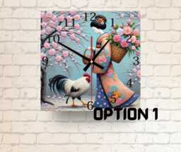 Japanese Kimono Girl Glass Clock Rooster & Cherry Blossom Wall Art