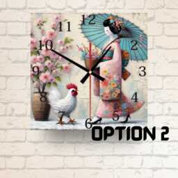 Japanese Kimono Girl Glass Clock Rooster & Cherry Blossom Wall Art - thumbnail 2