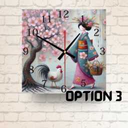 Japanese Kimono Girl Glass Clock Rooster & Cherry Blossom Wall Art - thumbnail 3