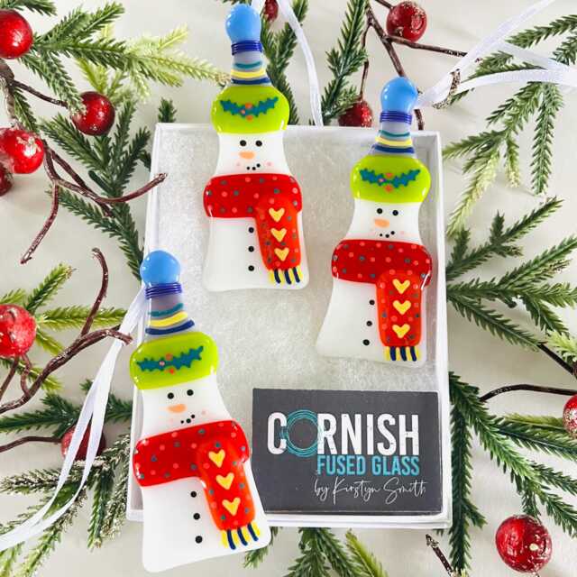 Festive Rainbow Snowman Fused Glass Christmas Decoration, Fused Glass Cornwall, Cornish - image 1