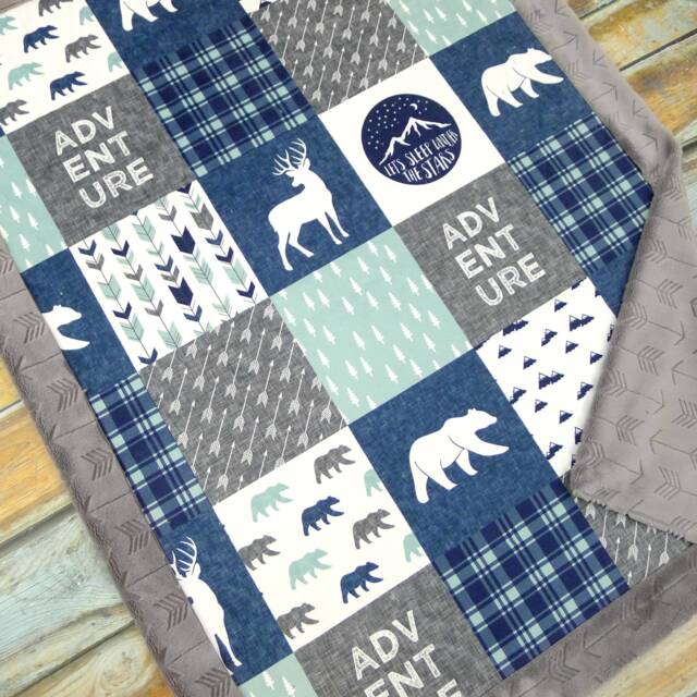 Personalized Minky Baby Blanket - Adventure Boy Crib Woodland Nursery Deer - image 1