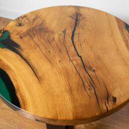 Round Epoxy Coffee Table, Unique Large Rustic Low Modern Desk Resin Table Top, Solid Wood Top - thumbnail 3