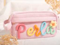 Personalized Corduroy Pencil Case - Hand-stitched Yarn Name With Optional Crochet Charm - Unique School Supply - thumbnail 1