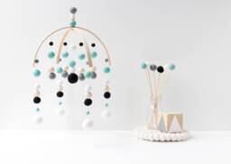 Aqua Green & Black Baby Mobile - Boy Felt Pom Crib Boys Minimalist Nursery Cot Wooden Arch Ceiling Decoration