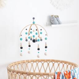 Aqua Green & Black Baby Mobile - Boy Felt Pom Crib Boys Minimalist Nursery Cot Wooden Arch Ceiling Decoration - thumbnail 2