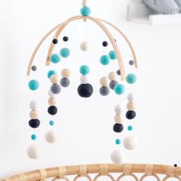 Aqua Green & Black Baby Mobile - Boy Felt Pom Crib Boys Minimalist Nursery Cot Wooden Arch Ceiling Decoration - thumbnail 3