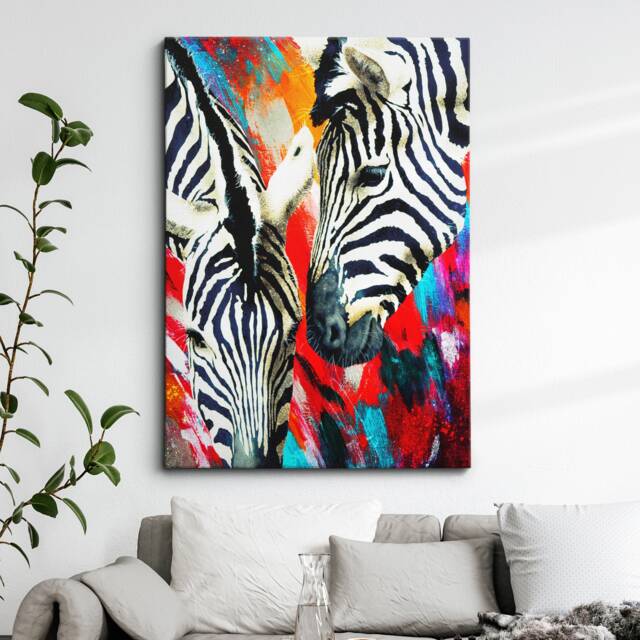 Colorful Zebra Pair Rainbow Modern Abstract Oil Painting Wall Art, Framed Canvas Poster Print, Home Kitchen Office Room Decor, Gifts - image 1
