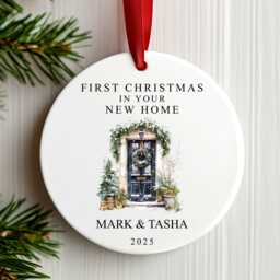 First Christmas in Your New Home Decoration - Personalised Tree Ornament Black Door Ceramic Bauble Housewarming Gift At