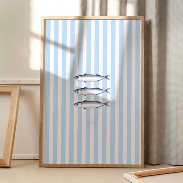 Blue Sardines Line Art Canvas Poster, Kitchen Wall Art, Bright Aesthetic Decor, Retro Home Printed Gift - image 1