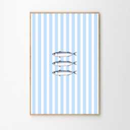 Blue Sardines Line Art Canvas Poster, Kitchen Wall Art, Bright Aesthetic Decor, Retro Home Printed Gift - thumbnail 2