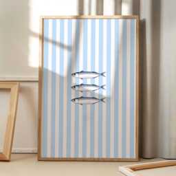 Blue Sardines Line Art Canvas Poster, Kitchen Wall Art, Bright Aesthetic Decor, Retro Home Printed Gift - thumbnail 1