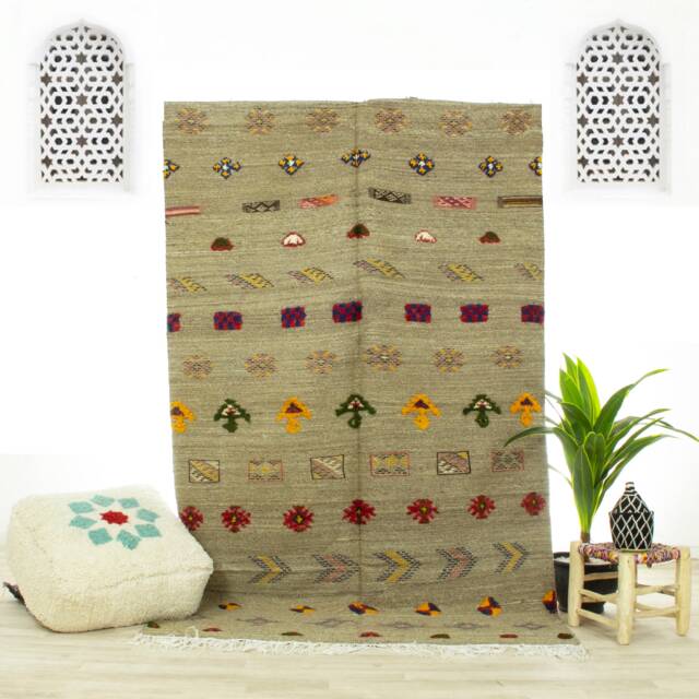 Handwoven Brown Moroccan Kilim Rug Berber Geometric Design - image 1