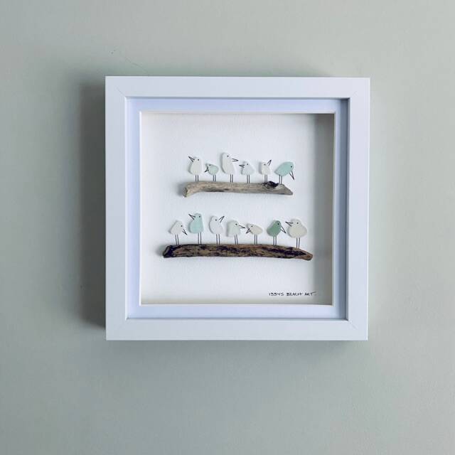 Cornish Sea Glass Birds On Driftwood Picture Framed Wall Art Coastal Interior Birthday Gift Her Handmade in Cornwall - image 1