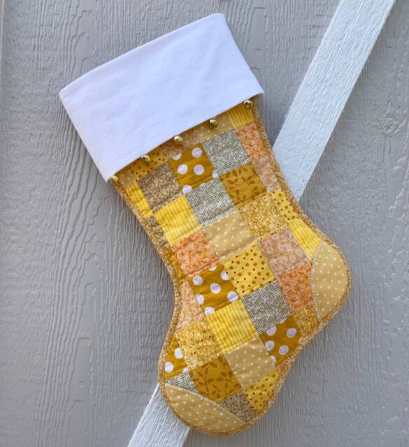 Quilted Patchwork Christmas Stocking, Yellow & Gold Cotton, Large Size, Flannel Cuff Jingle Bells, Fully Lined, Free Personalization - image 1