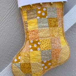 Quilted Patchwork Christmas Stocking, Yellow & Gold Cotton, Large Size, Flannel Cuff Jingle Bells, Fully Lined, Free Personalization - thumbnail 2