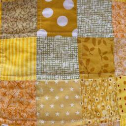 Quilted Patchwork Christmas Stocking, Yellow & Gold Cotton, Large Size, Flannel Cuff Jingle Bells, Fully Lined, Free Personalization - thumbnail 3