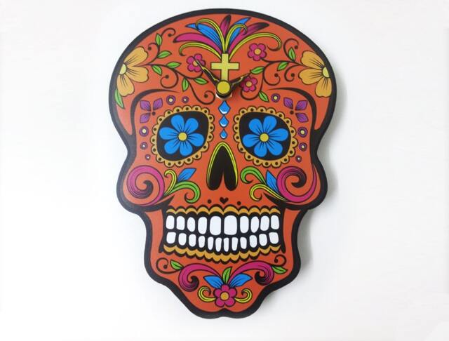Orange Sugar Skull - Day Of The Dead -Dia De Los Muertos Calavera Wall Clock - image 1