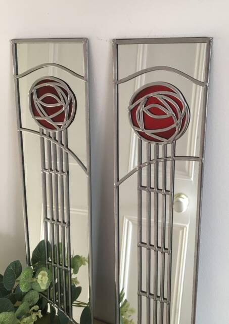 Rennie Mackintosh Style Opposite Pair Rose Stained Glass Effect Mirror Handmade Gift Catfish Glass Art Deco 10x40cm - image 1