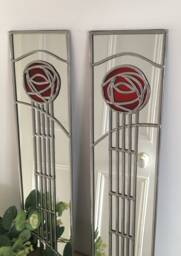 Rennie Mackintosh Style Opposite Pair Rose Stained Glass Effect Mirror Handmade Gift Catfish Glass Art Deco 10x40cm