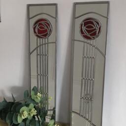 Rennie Mackintosh Style Opposite Pair Rose Stained Glass Effect Mirror Handmade Gift Catfish Glass Art Deco 10x40cm - thumbnail 2