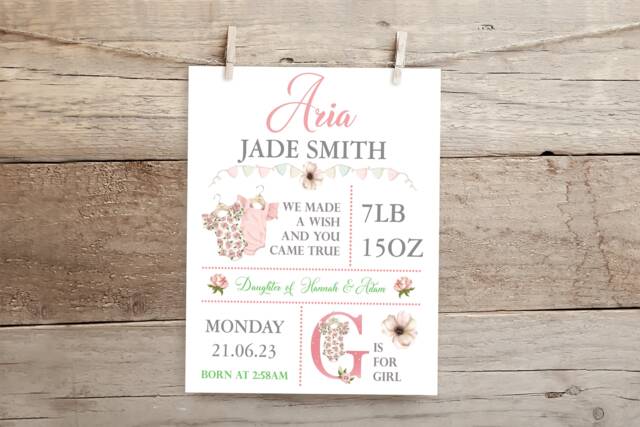 New Baby Girl Gift, Gift Personalised, Unframed Print, Christening Birth Details Stats Rose Nursery Decor - image 1