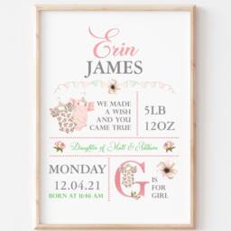 New Baby Girl Gift, Gift Personalised, Unframed Print, Christening Birth Details Stats Rose Nursery Decor - thumbnail 2