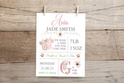 New Baby Girl Gift, Gift Personalised, Unframed Print, Christening Birth Details Stats Rose Nursery Decor - thumbnail 1