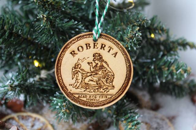 Personalised Coin Collecting Christmas Ornament Numismatic Wood Custom Bauble Laser Engrave Rustic Wooden Name Decoration Irish - image 1