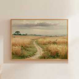 Golden Meadow Path Poster, Country Landscape Print, Paper Wall Art - thumbnail 1