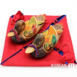 Hand-Carved, Woodcraft, Wedding Duck, Silk Giftwrap, Collectible, Asian Home Decor, Korean Artisan, Thanksgiving, Wedding, Anniversary Gift - thumbnail 3