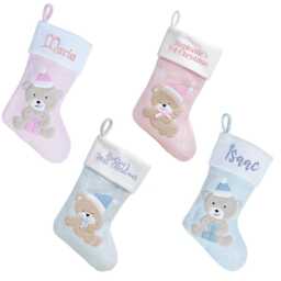 Personalised Baby's 1St Christmas Bear Stocking - Blue/Pink Embroidered With Name Babies First Hanging Xmas - thumbnail 1