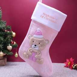 Personalised Baby's 1St Christmas Bear Stocking - Blue/Pink Embroidered With Name Babies First Hanging Xmas - thumbnail 2