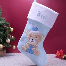Personalised Baby's 1St Christmas Bear Stocking - Blue/Pink Embroidered With Name Babies First Hanging Xmas - thumbnail 3