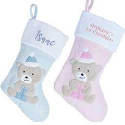 Personalised Baby's 1St Christmas Bear Stocking - Blue/Pink Embroidered With Name Babies First Hanging Xmas - thumbnail 4