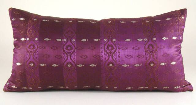 Magenta Sari Lumbar Pillow Cover Gold Embellished Silk Throw - image 1